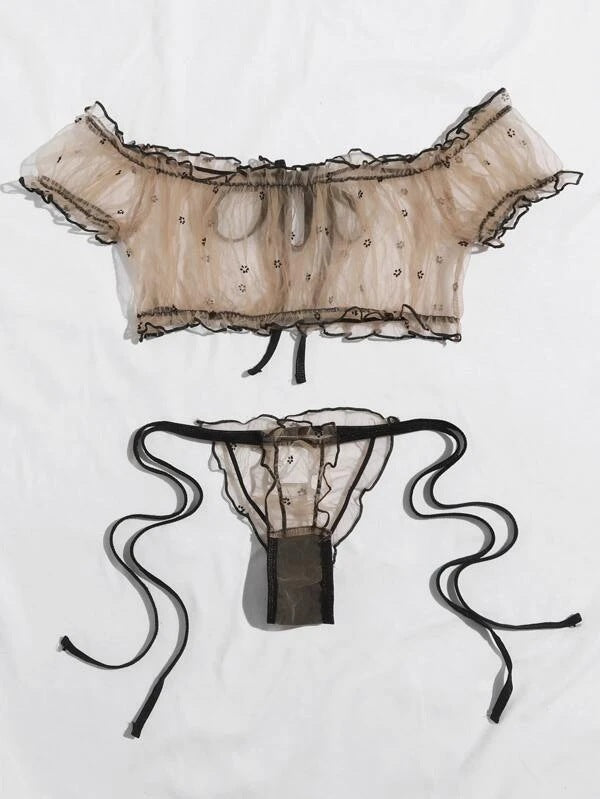 Image of Foreign trade sources European and American new erotic underwear Sexy women's mesh see-through off-the-shoulder bandeau underwear set